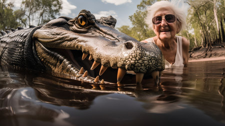 Portrait of a happy senior woman with a crocodile in the waterの素材