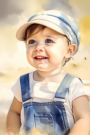 Cute cartoon boy in a cap and overalls. Digital painting.の素材