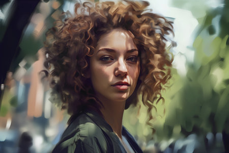 Portrait of a beautiful young woman with curly hair in the cityの素材