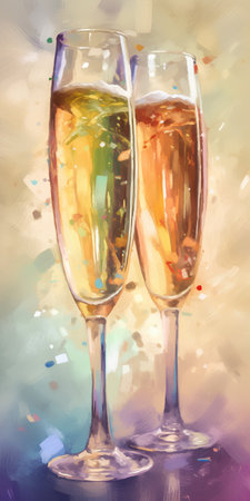 Two glasses of champagne on abstract watercolor background. Hand-drawn illustration.の素材