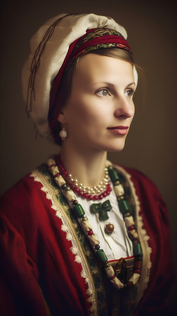 Portrait of a beautiful woman in Russian national costume. Retro style.の素材