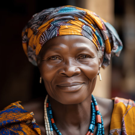 Unidentified Togolese woman in traditional clothes smiles at the Lome central market. Togo people suffer of poverty due to the bad economyの素材