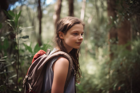 Portrait of a girl with a backpack in the forest. Selective focus.の素材