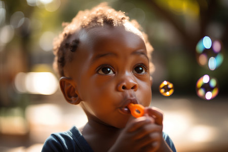 Cute african american baby boy blowing soap bubbles in the parkの素材