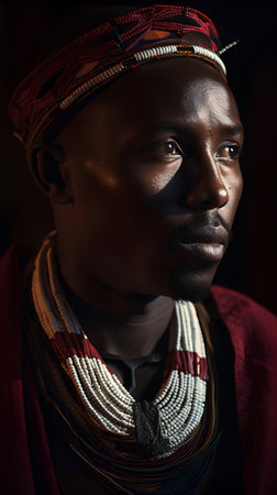Portrait of a young African man in traditional clothing and accessories.の素材
