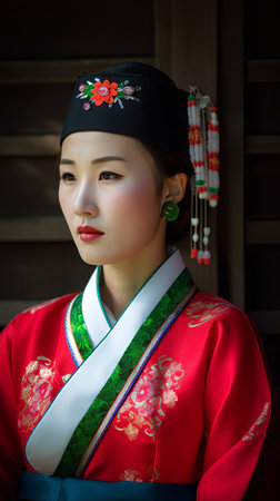 Beautiful asian woman in red kimono and traditional costumeの素材