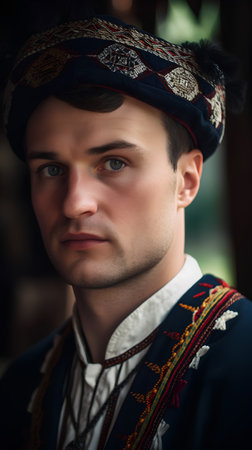 Portrait of a handsome young man in a traditional Romanian costume.の素材