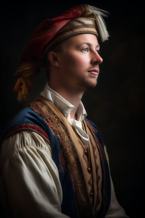 Portrait of a young man in a historical costume on a dark backgroundの素材