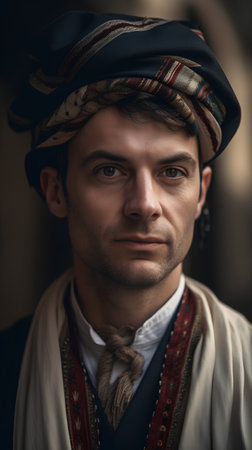 Portrait of a handsome man in traditional clothes with a bandanaの素材