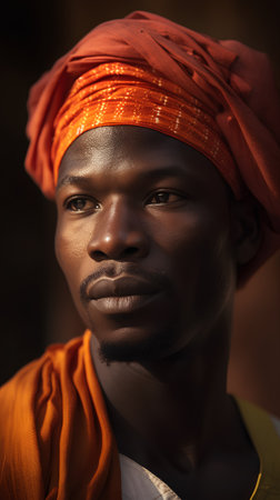 Portrait of a handsome young African man in orange turban.の素材