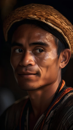 Portrait of a young man with a hat in the village.の素材
