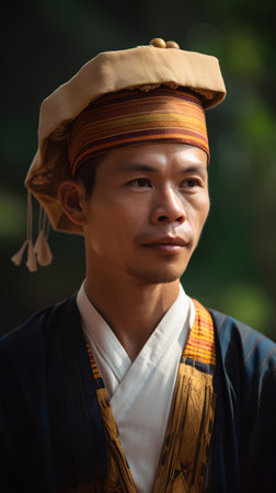 Portrait of a handsome asian man in traditional costume looking at cameraの素材