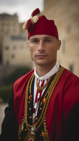 Portrait of a young man in traditional romanian costume.の素材