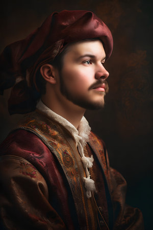 Portrait of a handsome young man in medieval costume. Men's beauty, fashion.の素材