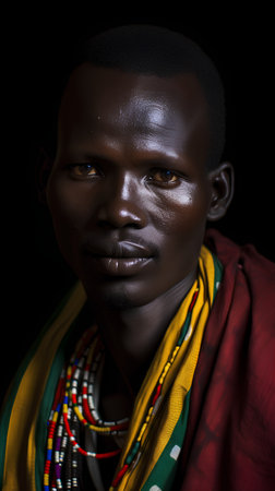 Portrait of a young African man in traditional clothes on a black background.の素材