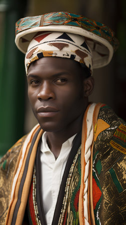 Portrait of a handsome African man in traditional clothes looking at camera.の素材