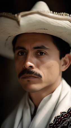 Portrait of a young man with a straw hat and mustache.の素材