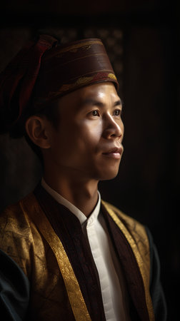 Portrait of a handsome Asian man in traditional costume on dark backgroundの素材