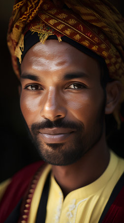 Portrait of a young Indian man in traditional clothes, close upの素材
