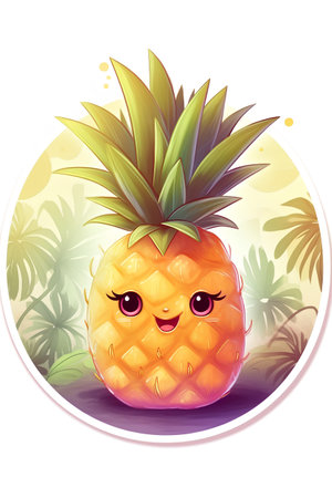 Cute cartoon pineapple character on the background of tropical plants. Vector illustration.の素材