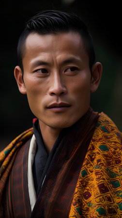 Close up portrait of a young man with traditional clothes in the countrysideの素材