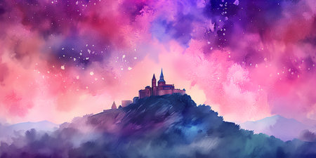Beautiful castle on top of the mountain. Digital painting illustration.の素材