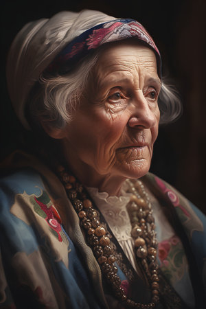 Portrait of an old woman on a dark background. Close-up.の素材