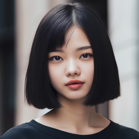 Beautiful asian woman with long black hair. Beauty face. Photo taken in the city.の素材