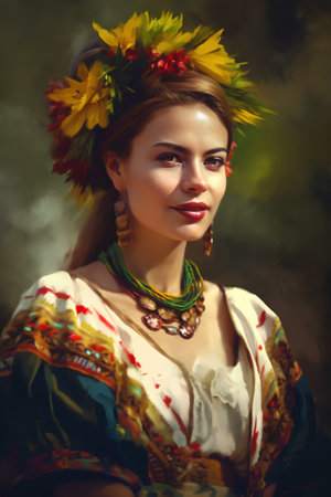 Portrait of a beautiful girl in national costume. Ukrainian style.の素材