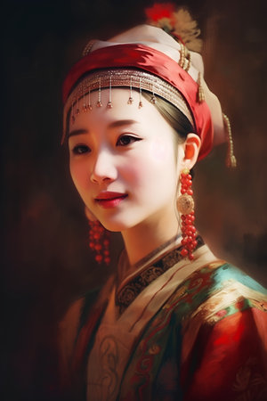 Beautiful asian woman in traditional costume. Photo in old image style.の素材