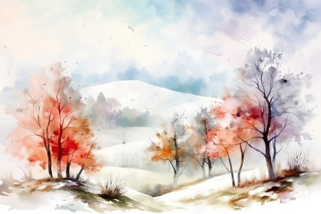 Winter landscape with trees and mountains. Digital watercolor painting. Vector illustration.の素材