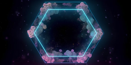 Futuristic polygonal frame in space with stars and flowersの素材