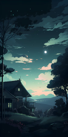 Night landscape with house in the forest and full moon. Vector illustration.の素材