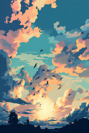 Flock of birds flying in the sky at sunset. Vector illustration.の素材