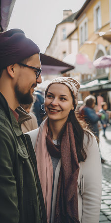 beautiful young couple in hats and scarves walking on city streetの素材