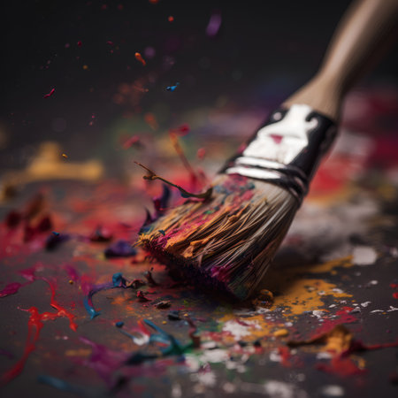 Paint brush with colorful paint splashes on dark background. Art conceptの素材