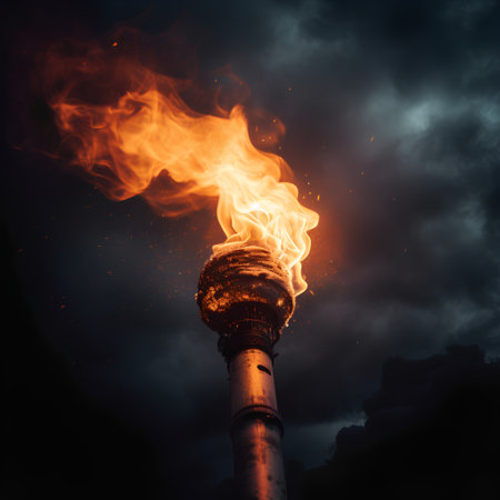 Burning torch on dark background. Conceptual image of fire and flames.の素材