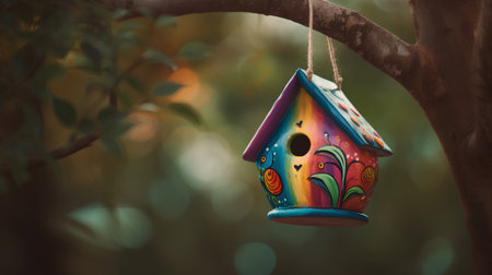 Colorful birdhouse hanging on tree branch with bokeh backgroundの素材