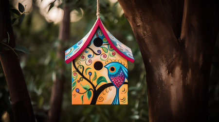 Colorful bird house hanging on a tree in the garden. Selective focus.の素材