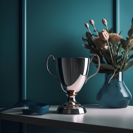 3d render of a trophy with a ribbon on a blue wallの素材
