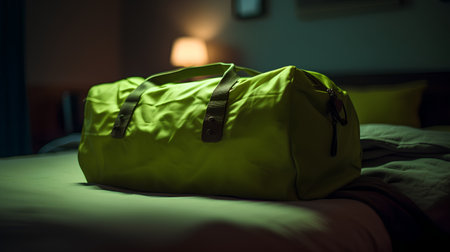 Green sport bag on the bed in the hotel room. Selective focus.の素材
