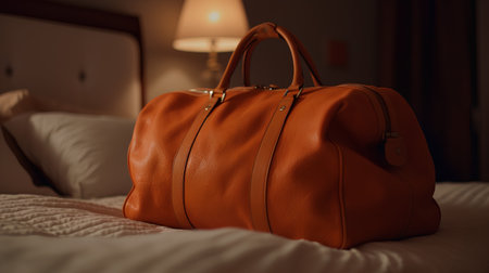 Vintage brown leather bag on the bed in the hotel room.の素材