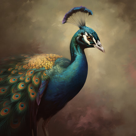 Peacock on grunge background. Bird with colorful feathers.の素材