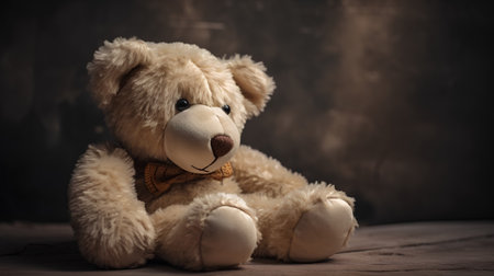Teddy bear on the wooden floor with dark background. Toned.の素材