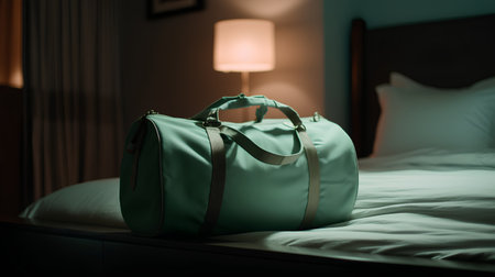Green bag on the bed in the hotel room. 3d renderingの素材