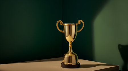 Golden trophy cup on a green wall background. 3d rendering.の素材