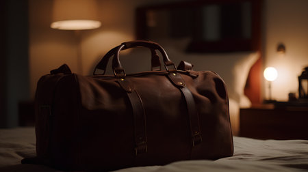 Brown leather travel bag on the bed in the hotel room. Travel conceptの素材