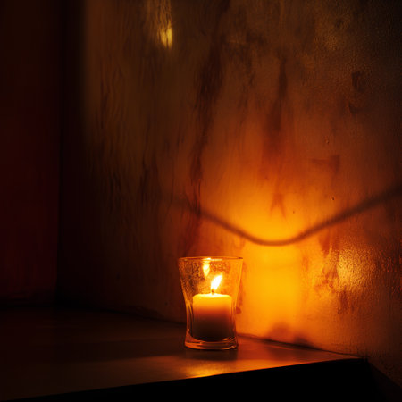 Burning candle in a glass on the background of a brick wallの素材