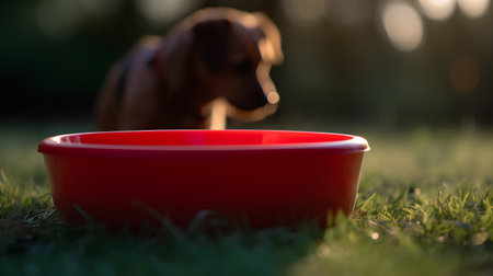 Dog drinking water from a bowl in the garden at sunset. Selective focus.の素材