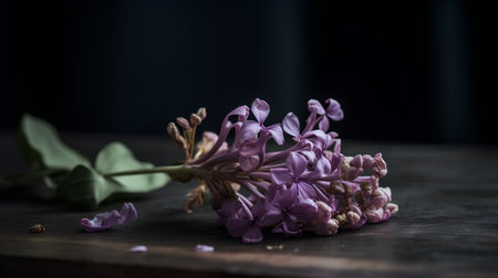 Purple lilac flowers on a wooden table. Dark background.の素材